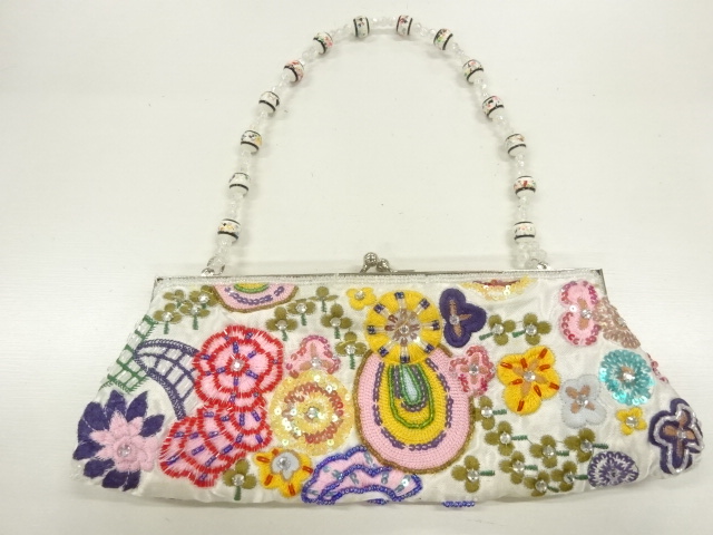 JAPANESE KIMONO / ANTIQUE BEADED FLORAL PATTERN BAG